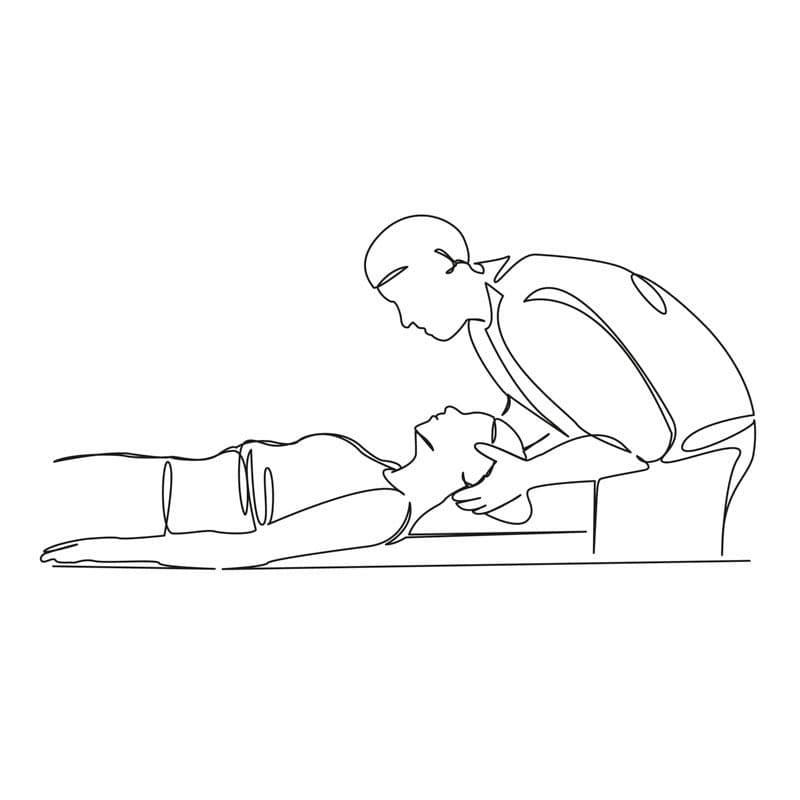 Illustration line art d'une manipulation ostéopathique cervicale